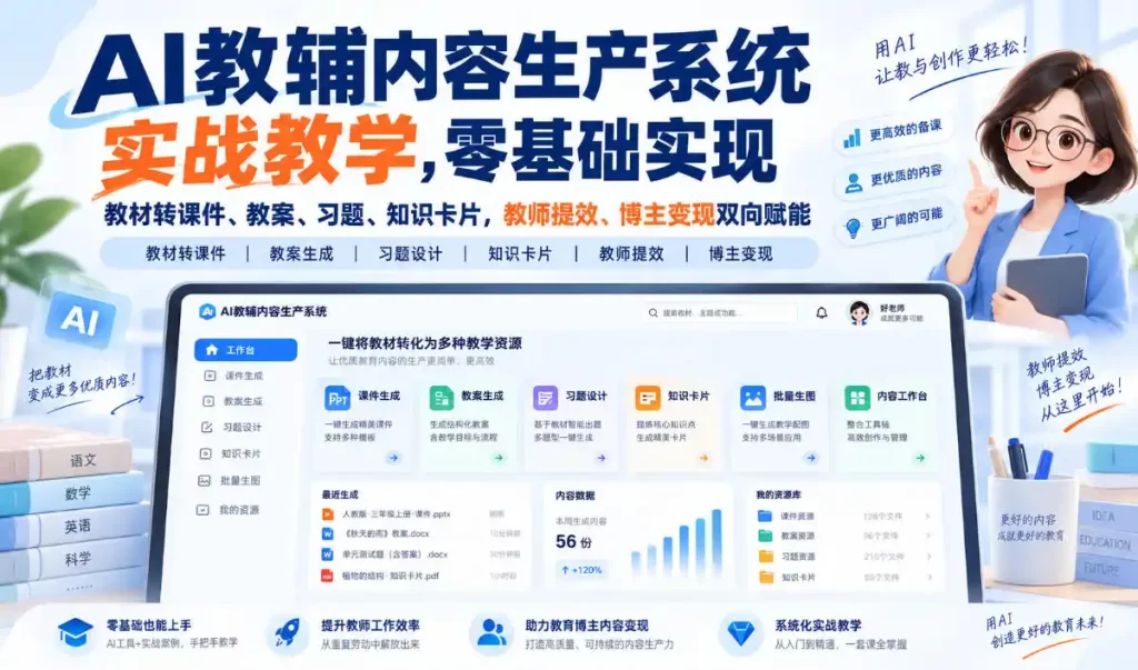 AI教辅内容生产系统实战教学,零基础实现教材转课件、教案、习题、知识卡片,教师提效、博主变现双向赋能-51云资源