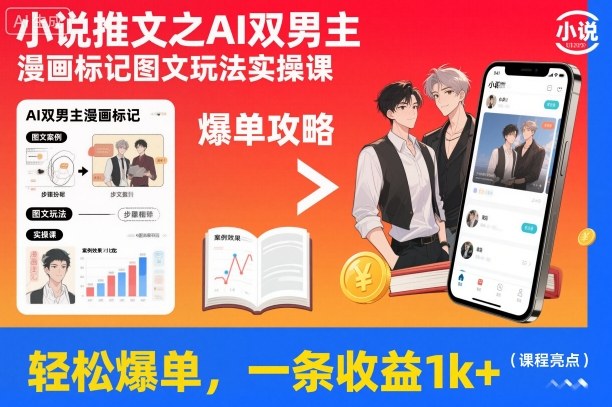 小说推文之AI双男主漫画标记图文玩法实操课，轻松爆单，一条收益1k-51云资源
