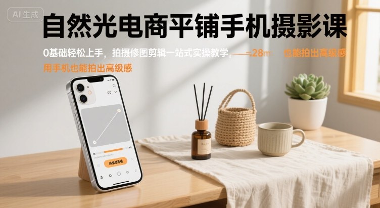 自然光电商平铺手机摄影课，0基础轻松上手，拍摄修图剪辑一站式实操教学，用手机也能拍出高级感-51云资源