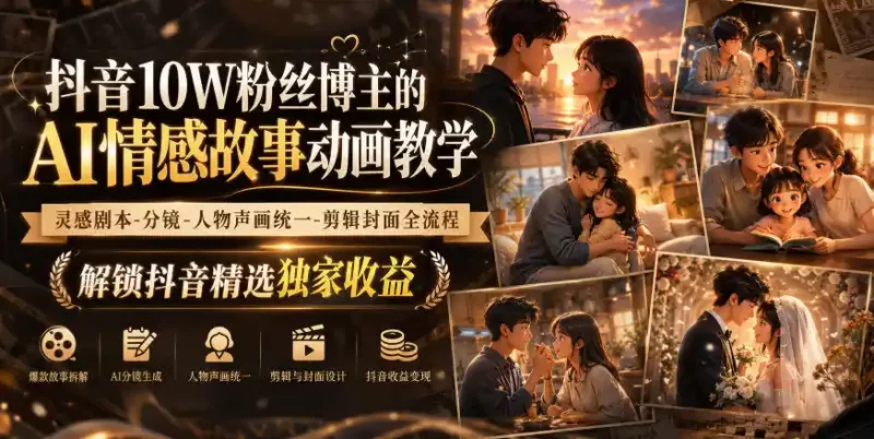 抖音10W粉丝博主的AI情感故事动画教学，灵感剧本‑分镜‑人物声画统一‑剪辑封面全流程，解锁抖音精选独家收益-51云资源