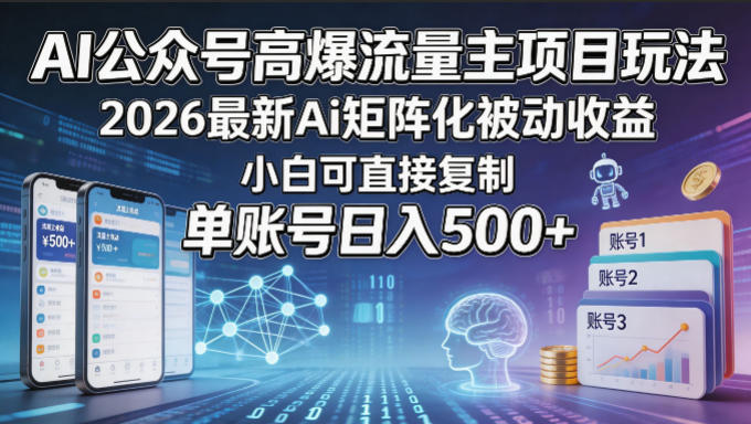 AI公众号高爆流量主项目玩法，2026最新Ai矩阵化被动收益，小白可直接复制，单账号日入500-51云资源