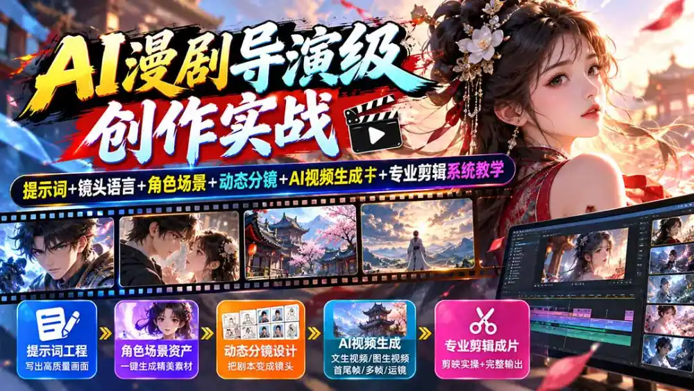 AI漫剧导演级创作实战:提示词 镜头语言 角色场景 动态分镜 AI视频生成 专业剪辑系统教学-51云资源