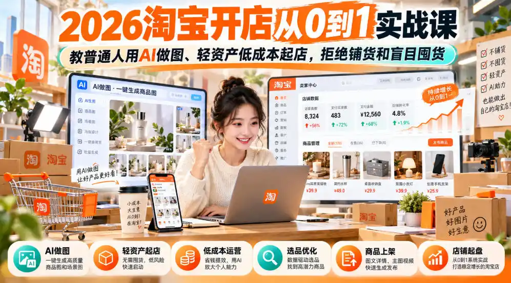 2026淘宝开店从0到1实战课，教普通人用AI做图、轻资产低成本起店，拒绝铺货和盲目囤货-51云资源