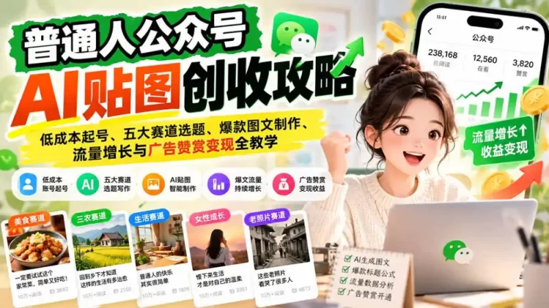 普通人公众号AI贴图创收攻略:低成本起号、五大赛道选题、爆款图文制作、流量增长与广告赞赏变现全教学-51云资源