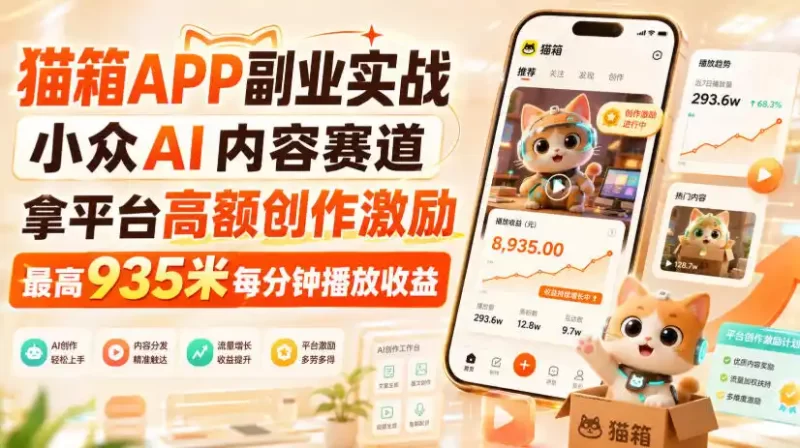 猫箱APP副业实战，小众AI内容赛道，拿平台高额创作激励，最高935米每分钟播放收益-51云资源