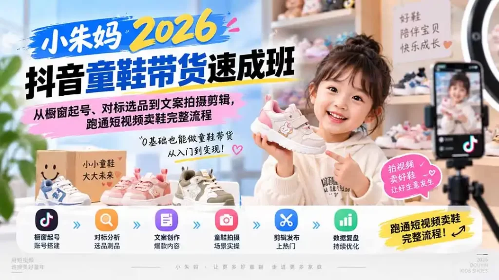 小朱妈2026抖音童鞋带货速成班:从橱窗起号、对标选品到文案拍摄剪辑,跑通短视频卖鞋完整流程-51云资源