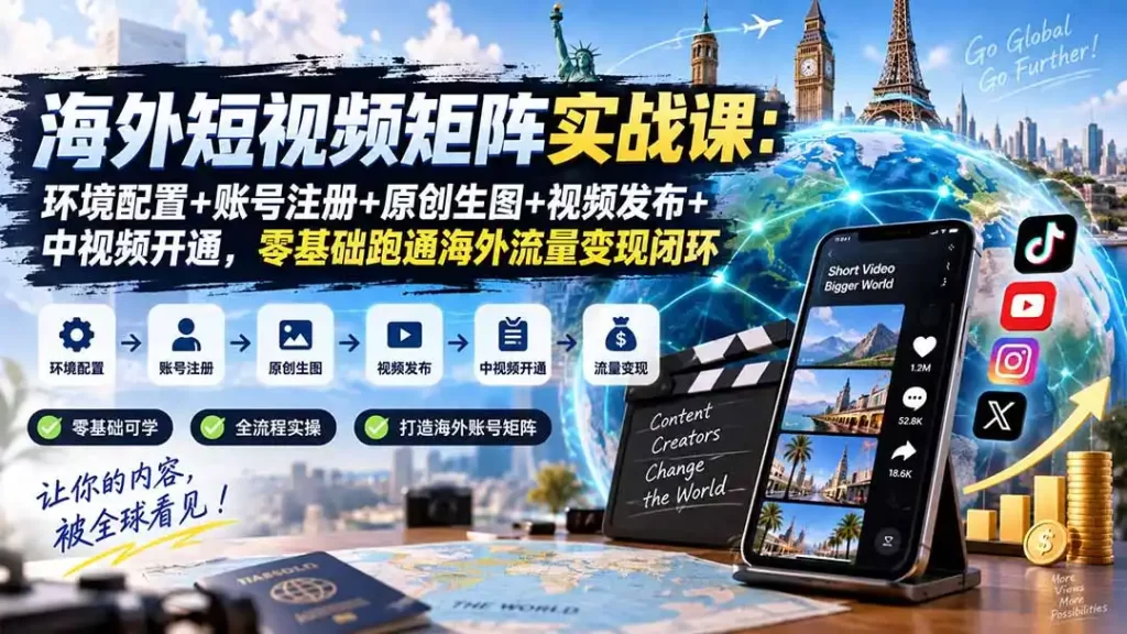 海外短视频矩阵实战课:环境配置 账号注册 原创生图 视频发布 中视频开通,零基础跑通海外流量变现闭环-51云资源