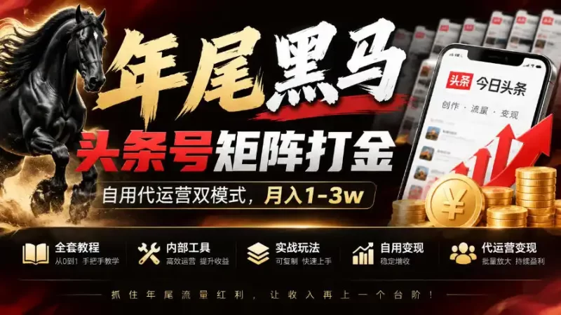【年尾黑马】头条号矩阵打金,自用代运营双模式,月入1-3w,附全套教程及内部工具【揭秘】-51云资源