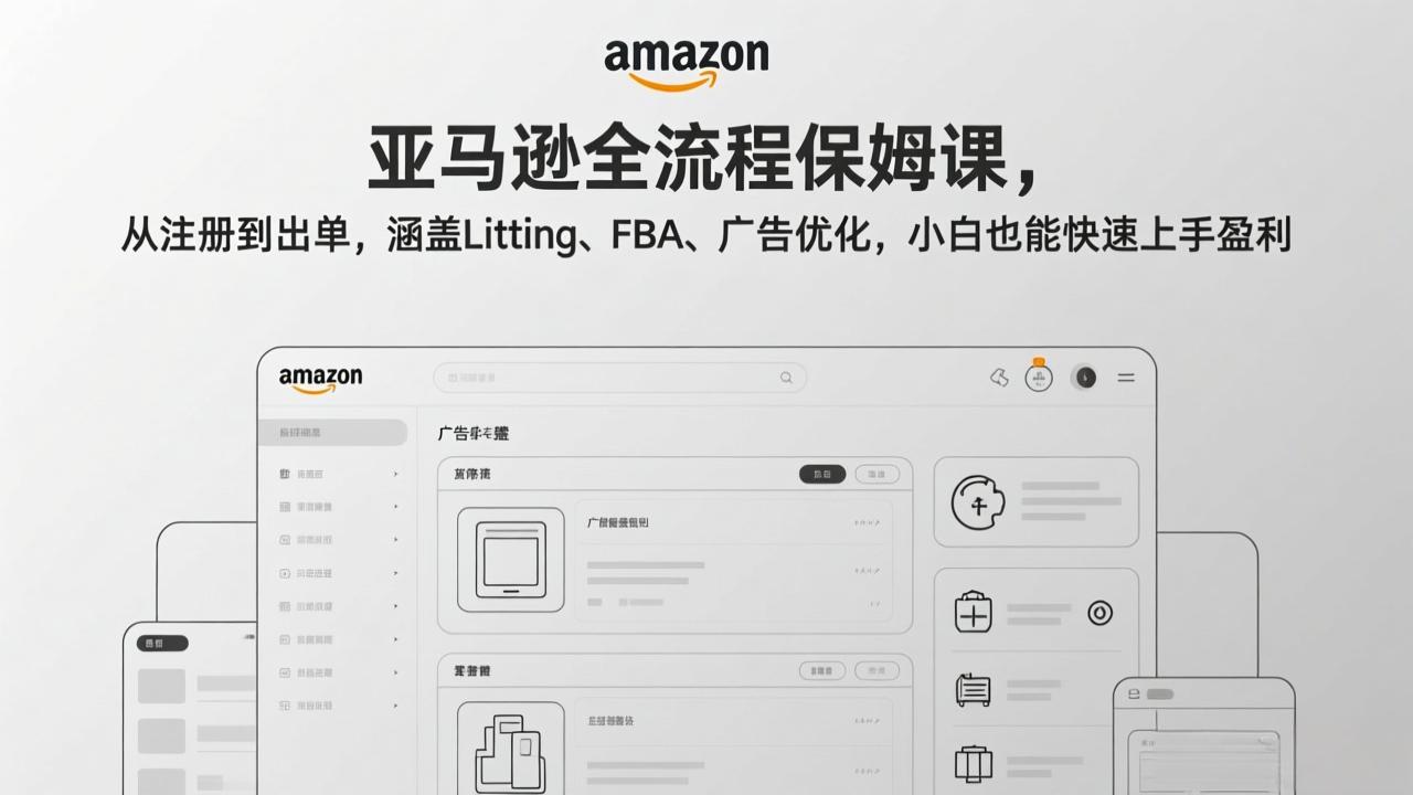 亚马逊全流程保姆课,从注册到出单,涵盖Listing、FBA、广告优化,小白也能快速上手盈利