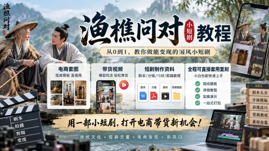渔樵问对小短剧教程,包含电商套图、带货视频,短剧制作资料,全程可直接套用复刻-51云资源