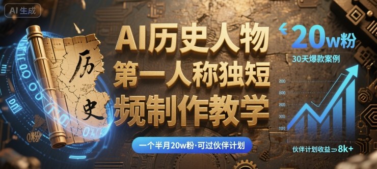 最新AI历史人物第一人称独白短视频制作教学,一个半月20w粉,可过伙伴计划-51云资源