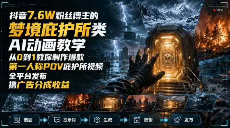 抖音7.6W粉丝博主的梦境庇护所类AI动画教学,从0到1教你制作爆款第一人称POV庇护所视频,全平台发布撸广告分成收益-51云资源