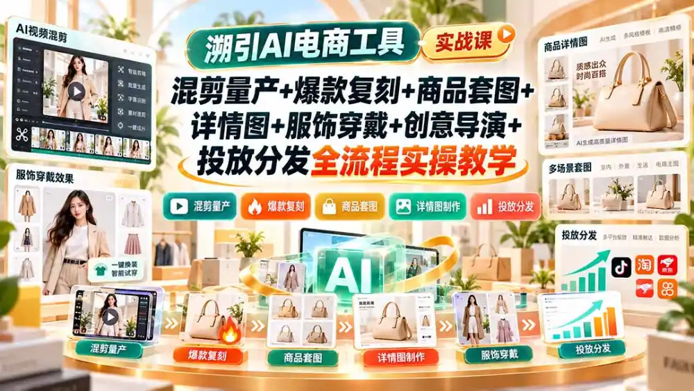 溯引AI电商工具实战课：混剪量产 爆款复刻 商品套图 详情图 服饰穿戴 创意导演 投放分发全流程实操教学