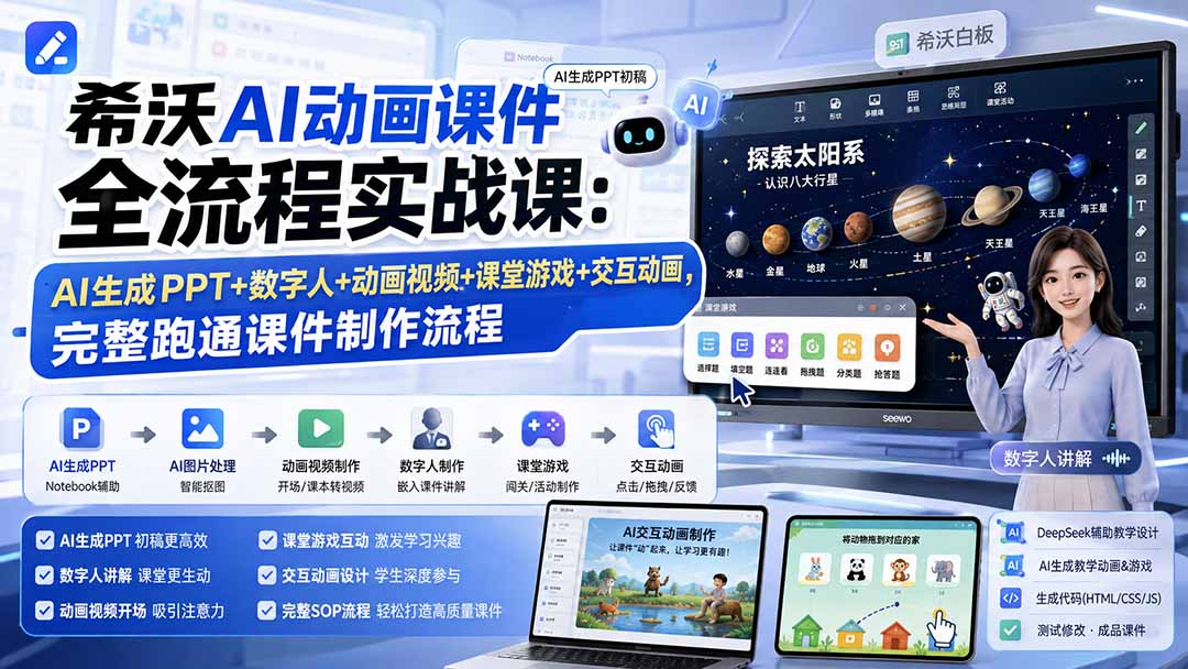 希沃AI动画课件全流程实战课:AI生成PPT 数字人 动画视频 课堂游戏 交互动画,完整跑通课件制作流程