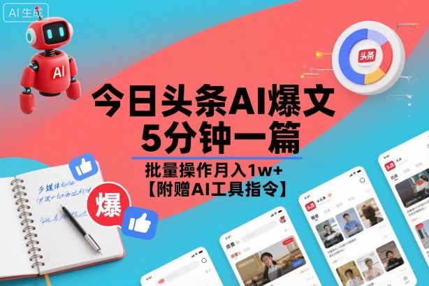 今日头条AI爆文，5分钟一篇，批量操作月入1w 【附赠AI工具指令】-51云资源