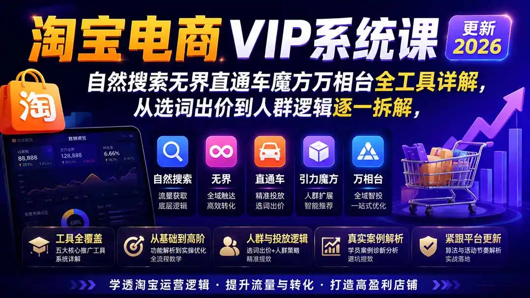 2026淘宝电商终局之战VIP课-更新:自然搜索 直通车 无界 精准人群,系统掌握测款动销与全店推广布局方法