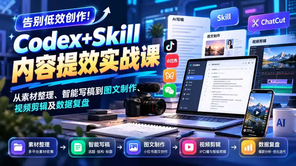 【无水印】告别低效创作!Codex Skill内容提效实战课:从素材整理、智能写稿到图文制作、视频剪辑及数据复盘-51云资源
