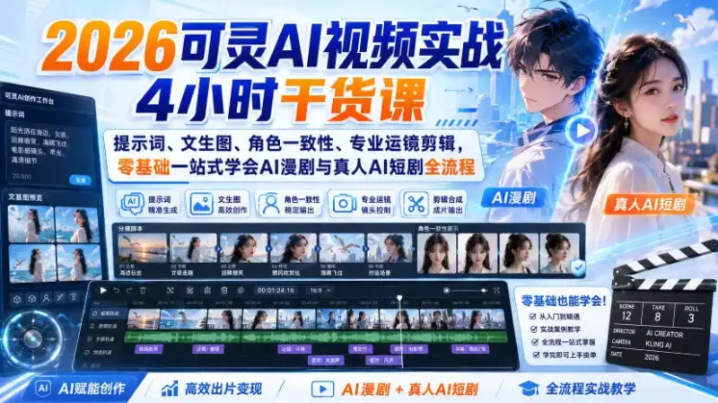 2026可灵AI视频实战4小时干货课|提示词、文生图、角色一致性、专业运镜剪辑,零基础一站式学会AI漫剧与真人AI短剧全流程-51云资源