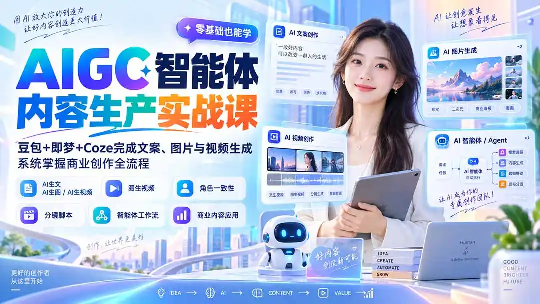 AIGC智能体内容生产实战课:豆包 即梦 Coze完成文案、图片与视频生成,系统掌握商业创作全流程