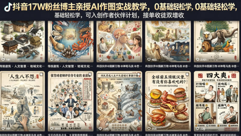 抖音17W粉丝博主亲授AI作图实战教学，0基础轻松学，可入创作者伙伴计划，接单收徒双增收-51云资源