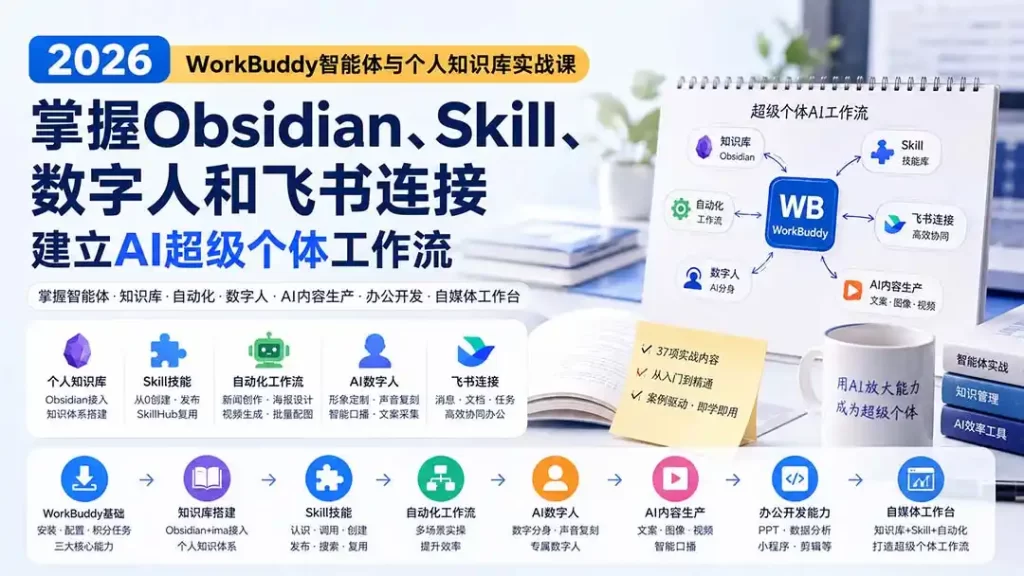2026 WorkBuddy智能体与个人知识库实战课:掌握Obsidian、Skill、数字人和飞书连接,建立AI超级个体工作流-51云资源