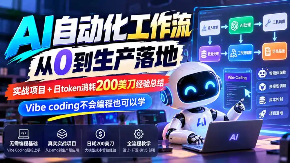 【无水印】AI自动化工作流从0到生产落地,实战项目 日token消耗200美刀经验总结,Vibe coding不会编程也可以学