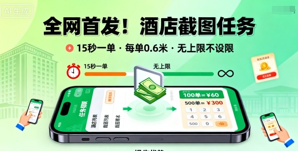 全网首发！酒店截图任务，15秒一单，每单0.6米，任务无上限不设限，矩阵操作单日3张到手【揭秘】-51云资源