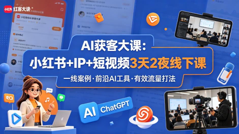 AI获客大课小红书 IP 短视频3天2夜线下课，用最真实的一线案例，最前沿的AI工具，最有效的流量打法-51云资源