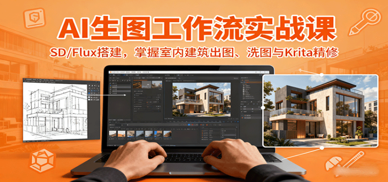 AI生图工作流实战课:SD/Flux搭建,掌握室内建筑出图、洗图与Krita精修-51云资源