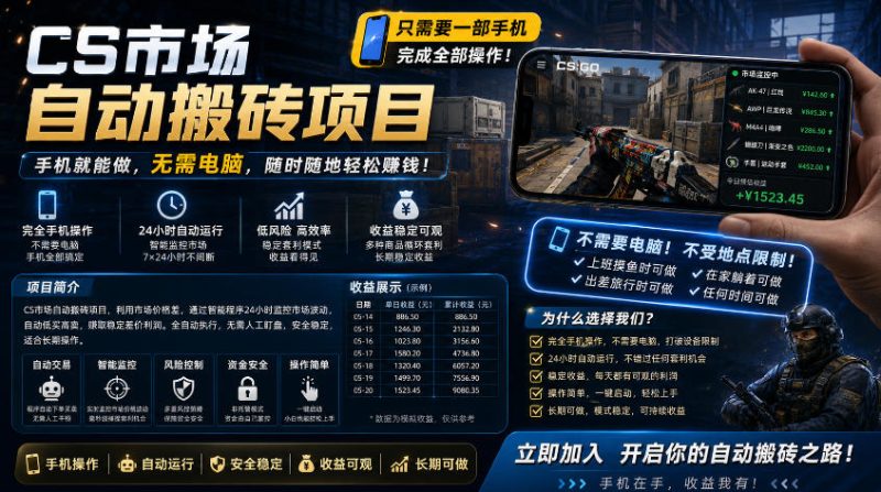 手机即可操作的CS市场自动搬砖系统|自动监控|自动下单|日入300 【揭秘】-51云资源