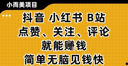 小而美的项目，抖音小红书B站视频点赞、关注、评论就能挣钱，简单无脑立见收益，妥妥的零撸项目【揭秘】-51云资源