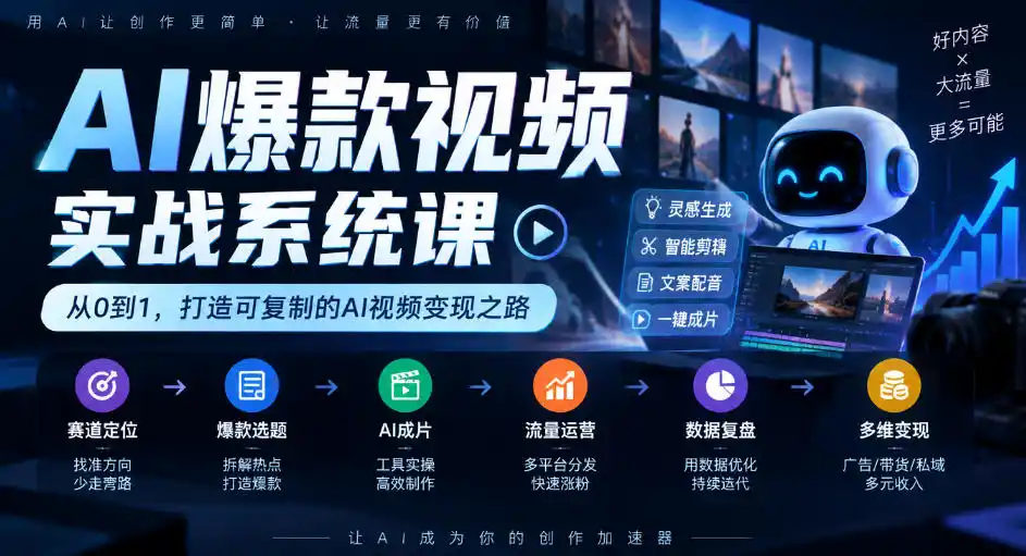 AI爆款视频实战系统课｜赛道定位、爆款选题、AI成片、流量运营、数据复盘、多维变现全链路教学-51云资源