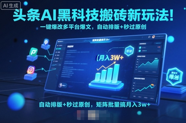 头条AI黑科技搬砖新玩法!一键爆改多平台爆文,自动排版 秒过原创,矩阵批量搞月入3w 【揭秘】-51云资源