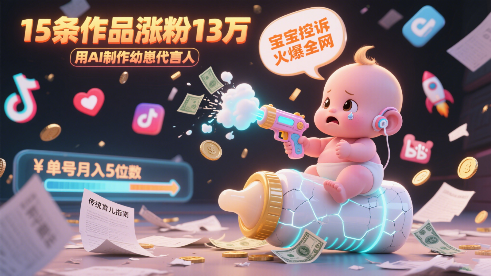 用AI制作幼崽代言人,宝宝的控诉火爆全网,15条作品涨粉13万,单号月入5位数实操教程