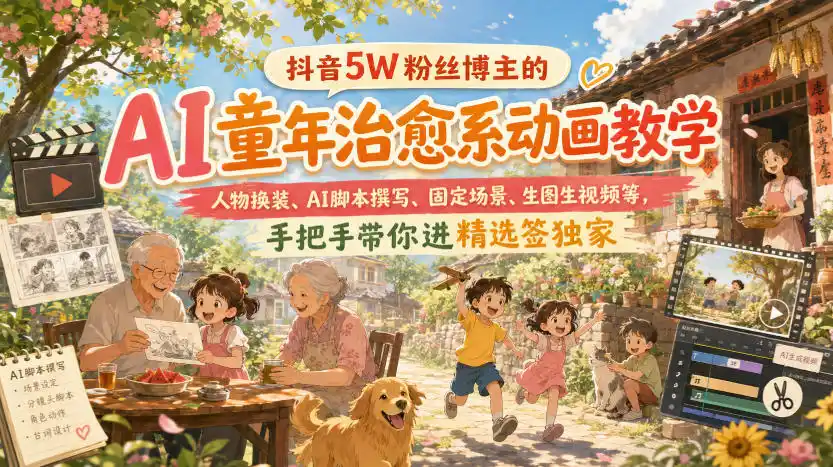抖音5W粉丝博主的AI童年治愈系动画教学,人物换装、AI脚本撰写、固定场景、生图生视频等,手把手带你进精选签独家-51云资源