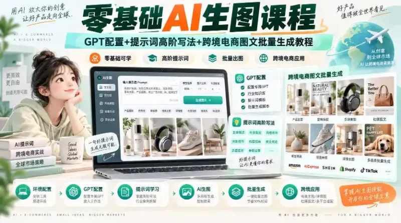 零基础AI生图课程，GPT配置 提示词高阶写法 跨境电商图文批量生成教程-51云资源