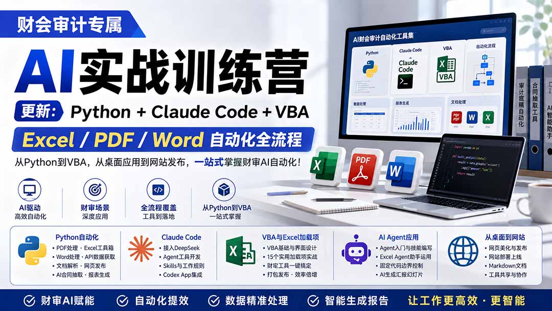 财会审计专属 AI实战训练营：Python Claude Code VBA，Excel/PDF/Word自动化全流程 (更新