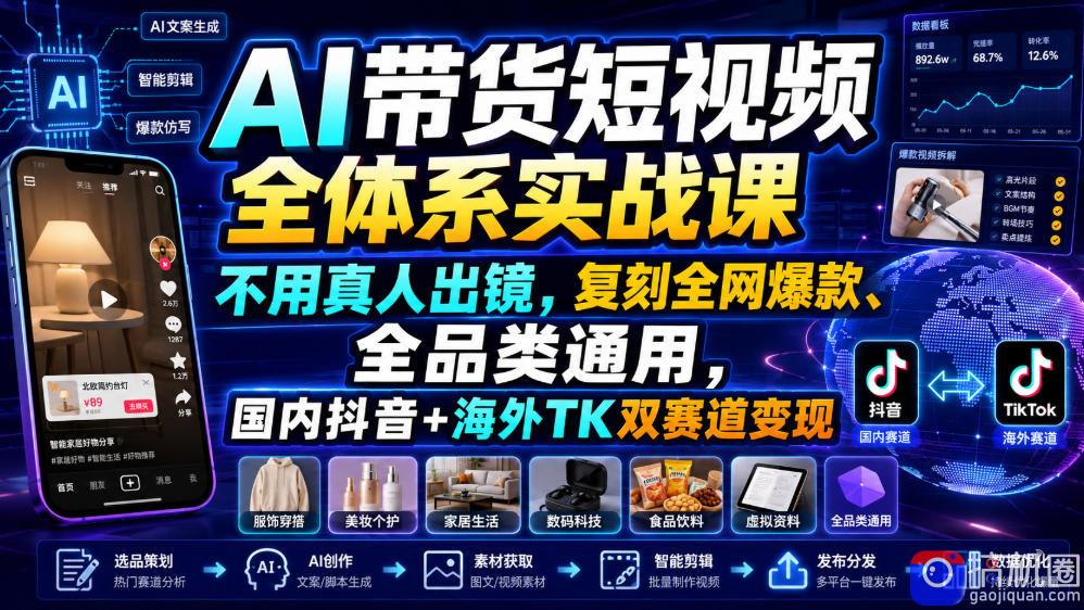 AI带货短视频全体系实战课，不用真人出镜，复刻全网爆款、全品类通用，国内抖音 海外TK双赛道变现-51云资源