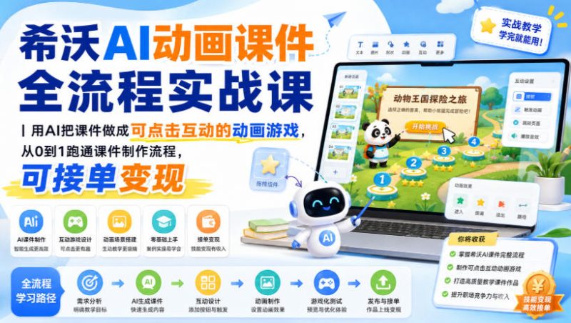 希沃AI动画课件全流程实战课|用AI把课件做成可点击互动的动画游戏,从0到1跑通课件制作流程,可接单变现-51云资源