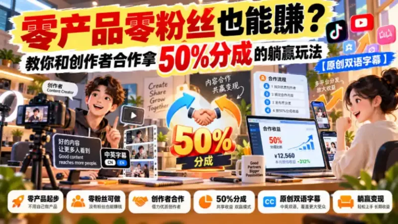 【无水印】零产品零粉丝也能賺?教你和创作者合作拿50%分成的躺赢玩法【原创双语字幕】-51云资源