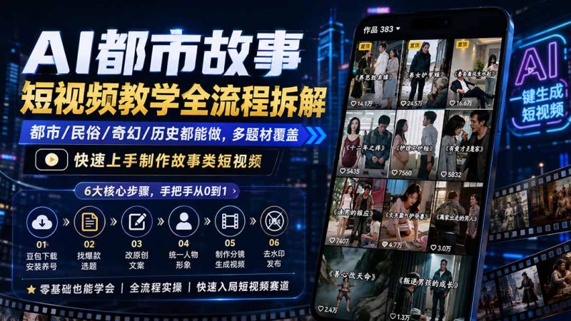 AI都市故事短视频教学全流程拆解;都市/民俗/奇幻/历史都能做多题材覆盖,快速上手制作故事类短视频-51云资源
