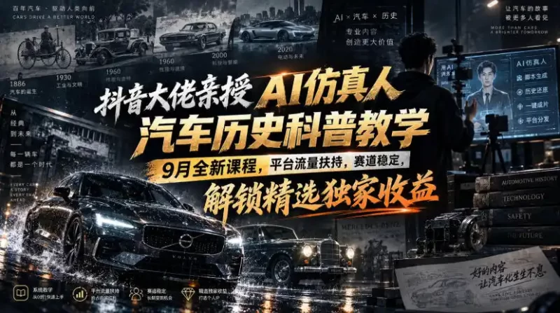 抖音大佬亲授AI仿真人汽车历史科普教学,9月全新课程,平台流量扶持,赛道稳定,解锁精选独家收益-51云资源