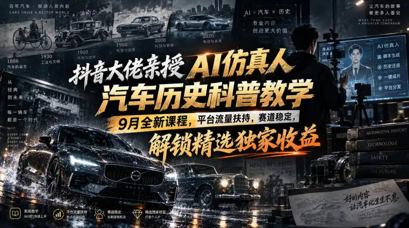 抖音大佬亲授AI仿真人汽车历史科普教学，9月全新课程，平台流量扶持，赛道稳定，解锁精选独家收益-51云资源