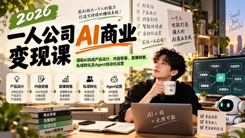 2026一人公司AI商业变现课：借助AI完成产品设计、内容获客、直播销售、私域转化及Agent自动化运营-51云资源