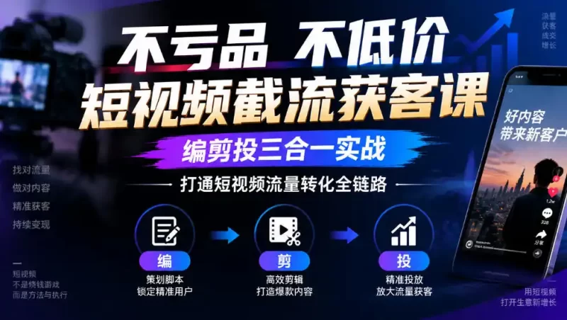 不亏品不低价短视频截流获客课,编剪投三合一实战,打通短视频流量转化全链路-51云资源