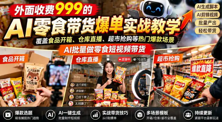 外面收费999的AI零食带货爆单实战教学,覆盖食品开箱、仓库直播、超市抢购等热门爆款场景,AI批量做零食短视频带货-51云资源