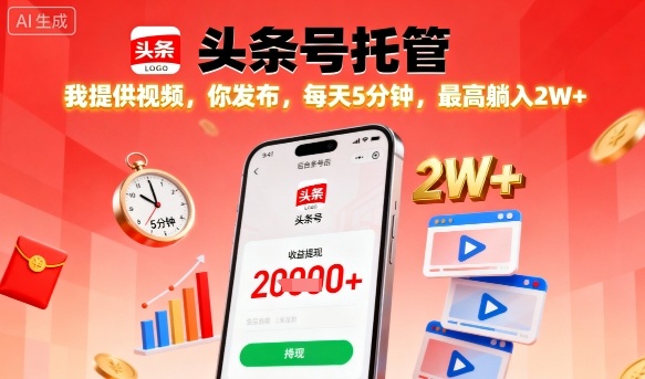 【头条号托管】我提供视频,你发布,每天5分钟,最高躺入2W 【揭秘】