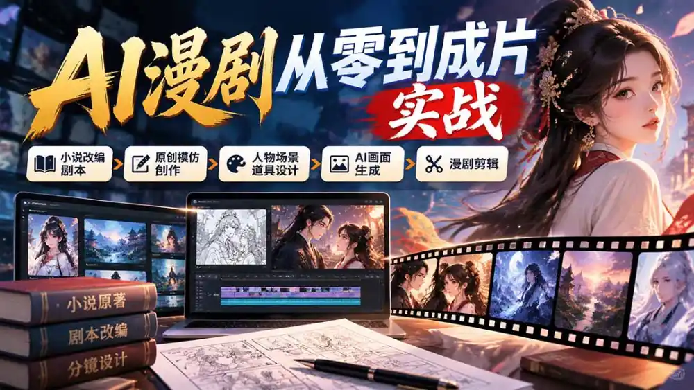 AI漫剧从零到成片实战：小说改编剧本、原创模仿创作、人物场景道具设计、AI画面生成与漫剧剪辑-51云资源