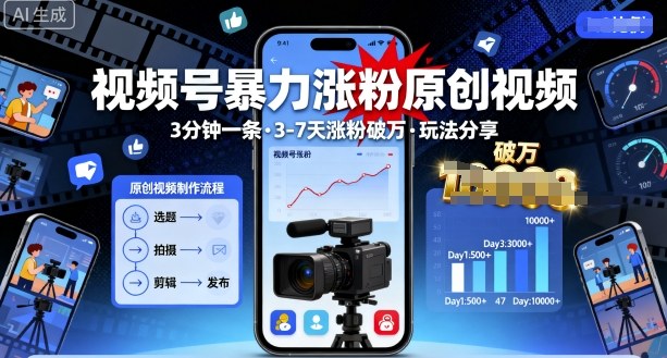 视频号暴力涨粉原创视频，3分钟一条原创视频，3-7天涨粉破万，玩法分享给你-51云资源