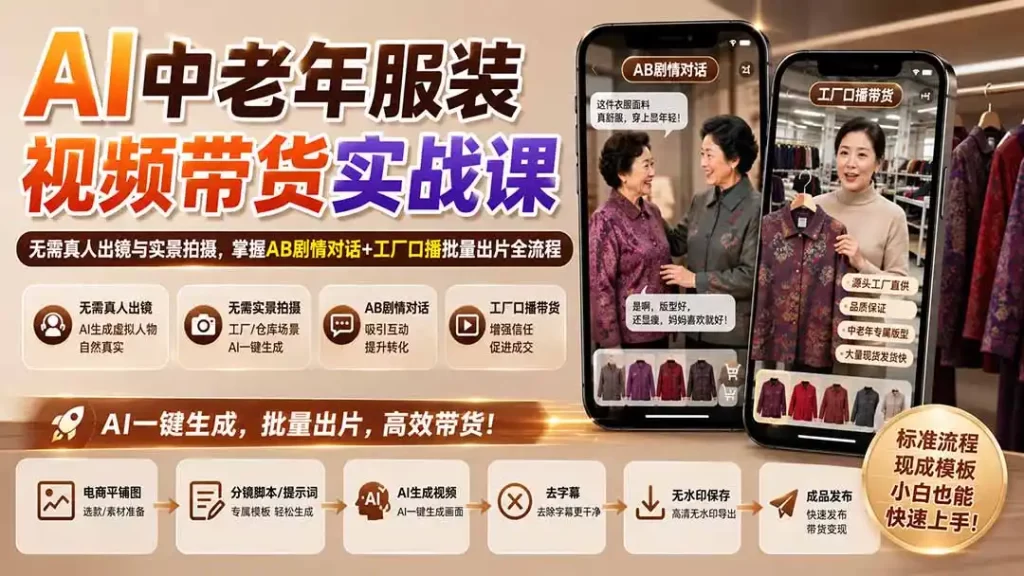 AI中老年服装视频带货实战课:无需真人出镜与实景拍摄,掌握AB剧情对话 工厂口播批量出片全流程-51云资源